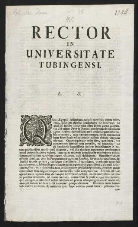 Rector In Universitate Tubingensi. L. S.