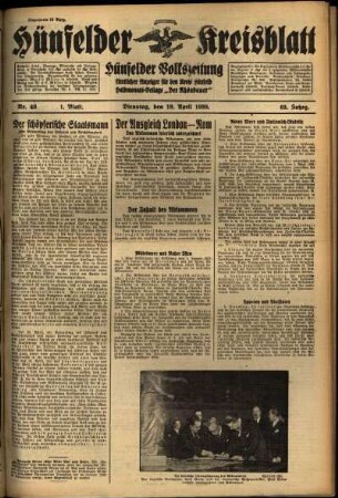 Erste Ausgabe vom Dienstag, den 19. April 1938.