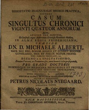 Dissertatio Inauguralis Medico-Practica, Sistens Casum Singultus Chronici Viginti Quatuor Annorum