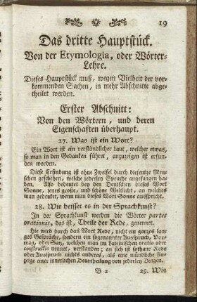 Das dritte Hauptstück. Von der Etymologia, oder Wörter-Lehre.