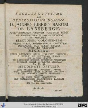 Excellentissimo Ac Generosissimo Domino, D. Jacobo Libero Baroni De Lansberge ...