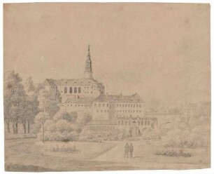 Schloss Weesenstein über dem Müglitztal (Müglitztal-Weesenstein) südöstlich von Dresden über den Schlosspark von Süden gesehen