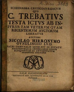 Schediasma Critico-Iuridicum Quo C. Trebatius Testa ICtus Ab Iniuriis Tam Veterum Quam Recentiorum Auctorum Liberatur