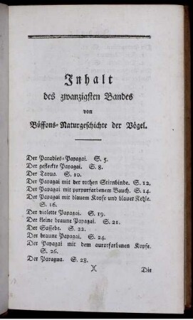 Inhalt des zwanzigsten Bandes von Buffons-Naturgeschichte der Vögel.