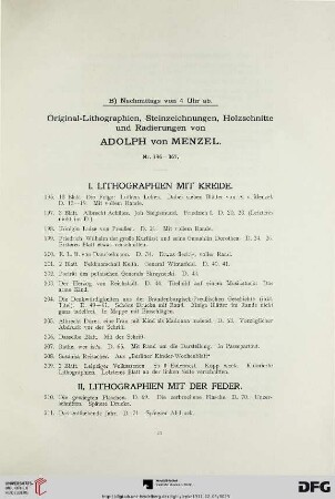 B) Nachmittags von 4 Uhr ab. Original-Lithographien, Steinzeichnungen, Holzschnitte und Radierungen von Adolph von Menzel (Nr. 196-367)