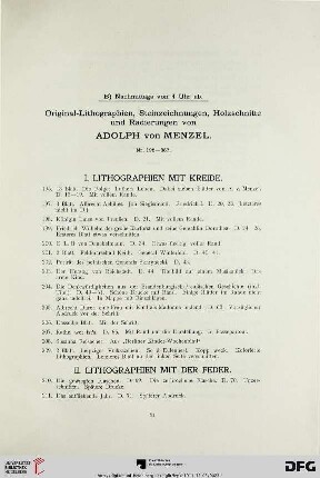 B) Nachmittags von 4 Uhr ab. Original-Lithographien, Steinzeichnungen, Holzschnitte und Radierungen von Adolph von Menzel (Nr. 196-367)