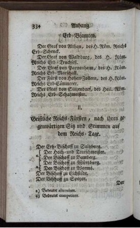 II. Geistliche Reichs-Fürsten, nach ihren gegenwärtigen Sitz und Stimmen auf dem Reichs-Tage.