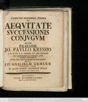 Dissertatio Inavgvralis Juridica De Aeqvitate Svccessionis Conjvgvm