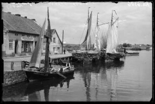 Kurisches Haff. Hafen mit Segelschiffen beladen mit Reet, im Hintergrund Tabakwarengeschäft "Bernhard Obersteller"
