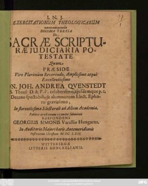 Exercitationum Theologicarum kataskeuastikōn Decima Tertia De Sacrae Scripturae Iudiciaria Potestate