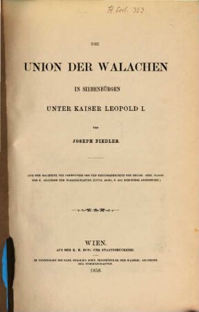 Die Union der Walachen in Siebenbürgen unter K. Leopold I.
