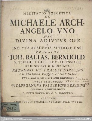 Meditatio Exegetica De Michaele Archangelo Uno