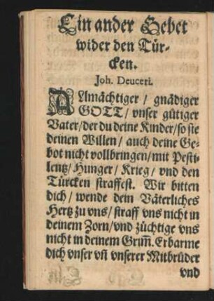 Ein ander Gebet wider den Türcken. Joh. Deuceri.