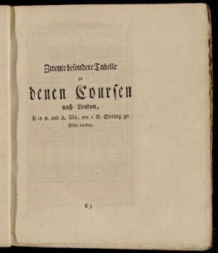 Zweyte besondere Tabelle zu denen Coursen nach London, [...]