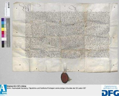 Abt Georg von St. Aegydien zu Nürnberg vidimiert die "Richtung" zwischen Markgraf Albrecht von Brandenburg, Konrad von Heideck und der Stadt Nürnberg vom 27. April 1453. - Siegler: der Aussteller.