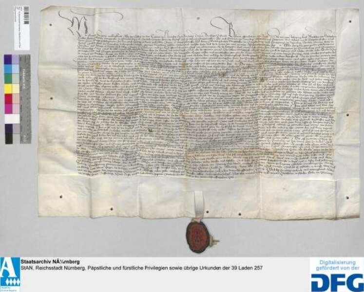 Abt Georg von St. Aegydien zu Nürnberg vidimiert die "Richtung" zwischen Markgraf Albrecht von Brandenburg, Konrad von Heideck und der Stadt Nürnberg vom 27. April 1453. - Siegler: der Aussteller.