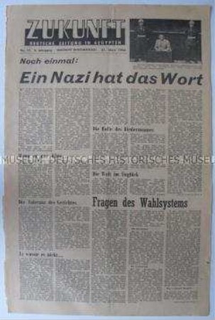 Titelblatt der Lagerzeitung "Zukunft" für deutsche Kriegsgefangene in einem britischen Lager in Ägypten u.a. zum Nürnberger Prozess