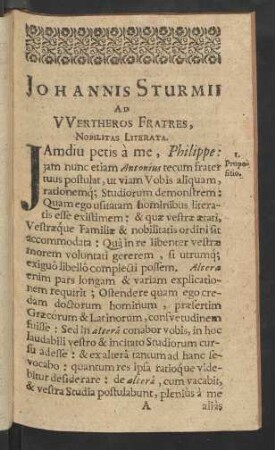 Johannis Sturmii Ad Wertheros Fratres, Nobilitas Literata.