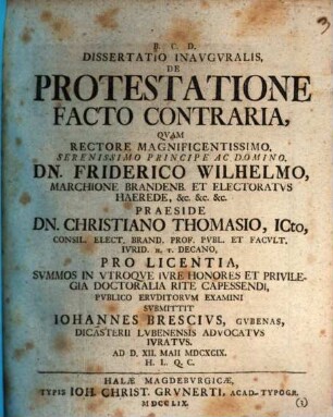 Diss. inaug. de protestatione, facto contraria