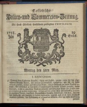 19. Stueck, Montag den 8ten May 1758