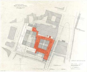 Gsaenger, Gustav; München, Theatinerstr.; Bayerisches Kultusministerium, Erweiterung - Erweiterungsbau Ausführungsplan, Abstandsflächen (Lageplan)