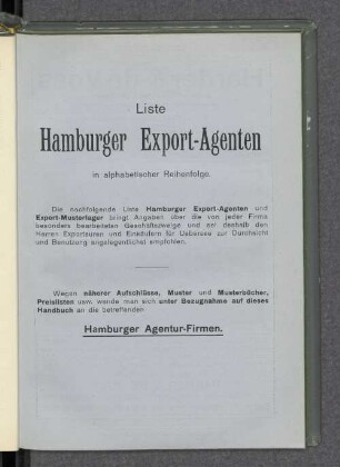 Liste Hamburger Export-Agenten in alphabetischer Reihenfolge.