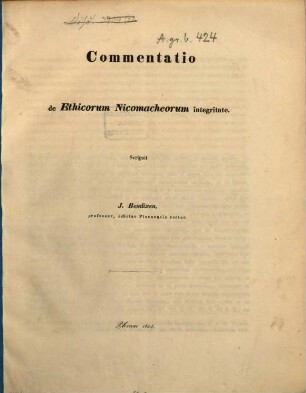 Commentatio de E'thicorum Nicomacheorum integritate : (Aristoteles)