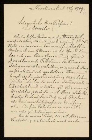Nr. 30 Brief von Samuel Oppenheim an Karl Schwarzschild. Karolinenthal, 28.9.1909