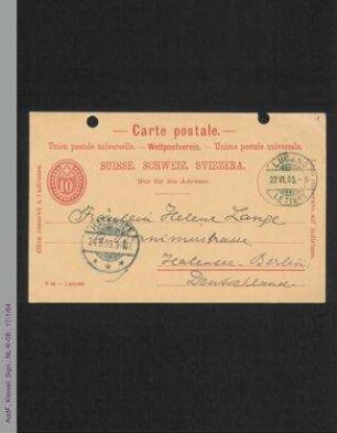 Postkarte von Ottilie Hoffmann an Helene Lange