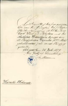 Bestätigung der Heirat von Carl Weil und Mathilde Krautheim 1889