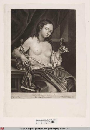 Porträt einer Frau mit entblößtem Oberkörper, deren linke Hand ein Weinglas hält und deren rechter Arm auf einer Korbflasche ruht.