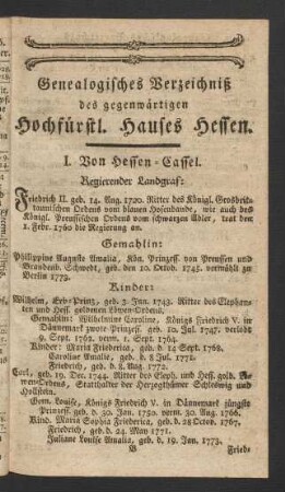 Genealogisches Verzeichniß des gegenwärtigen Hochfürstl. Hauses Hessen