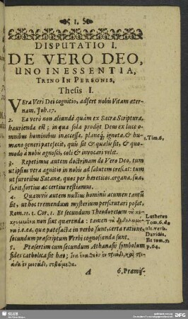 Disputatio I. De Vero Deo, Uno In Essentia, Trino In Personis