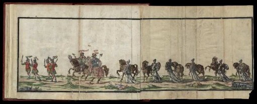 [Abb. 34v 35r] Jason und Perseus, vier Lakaien, sechs Amazonen