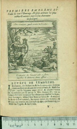 Premiere Embleme Et l'idée de tout l'Ouurage. Orphée attirant les plus nobles Creatures auec le son charmant de sa Lyre