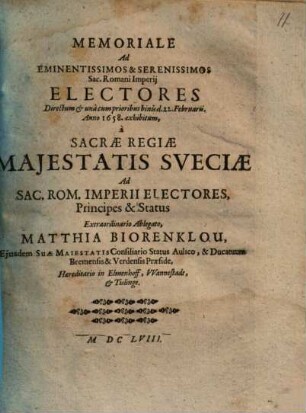 Memoriale Ad Eminentissimos & Serenissimos Sac. Romani Imperii Electores