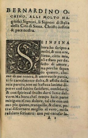Epistola di Bernardino Ochino alli molto magnifici Signori, li Signori di Balia della città di Siena