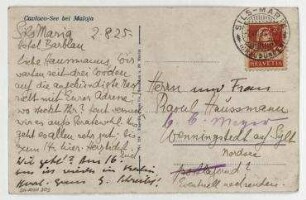 Ansichtspostkarte von Erich und Marie Auerbach an Raoul Hausmann. Sils-Maria