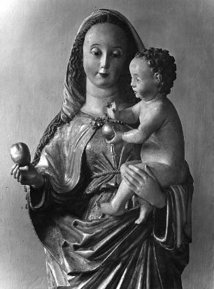 Madonna mit dem Kind : Madonna mit dem Kind. Holz, geschnitzt, gefaßt (1501/1600). Hüftstück. Veitsbronn