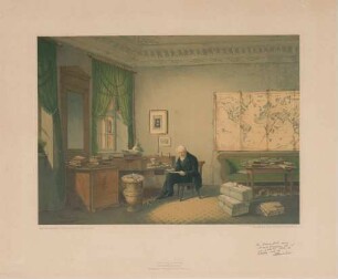 Alexander von Humboldt in seinem Arbeitszimmer, Oranienburger Str. 67, am 2. Band des "Kosmos" schreibend.