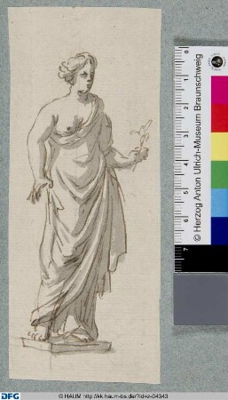 Stehende weibliche Figur mit entblößter rechter Brust eine Blume in ihrer linken Hand haltend