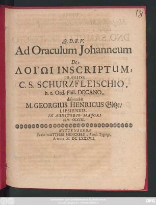 Ad Oraculum Johanneum De Logōi Inscriptum