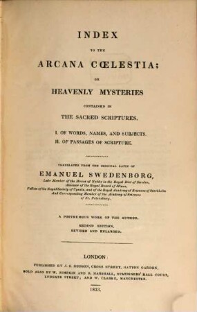 Works, 13. Index to the Arcana coelestia. - 2. ed. - 1833