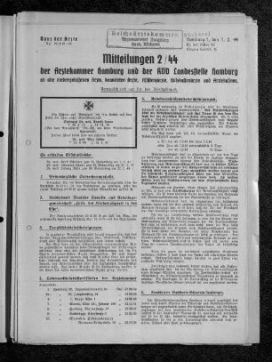 Mitteilungen 2/44 der Ärztekammer Hamburg und der KVD Landesstelle Hamburg an alle niedergelassenen Ärzte, beamteten Ärzte, Assistenzärzte, Hilfskassenärzte und Ärztekasinos.