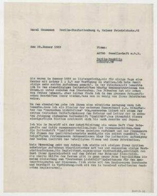 Brief von Raoul Hausmann an Astro-Gesellschaft m.b.H. Berlin