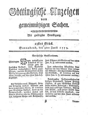 23stes Stück. Sonnabend, den 5ten Junii 1773.
