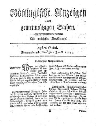 23stes Stück. Sonnabend, den 5ten Junii 1773.