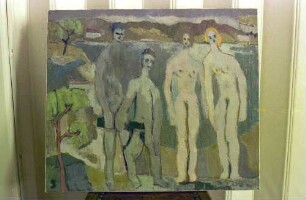 Gemälde, Juan Tidow, vier nackte Gestalten am Strand