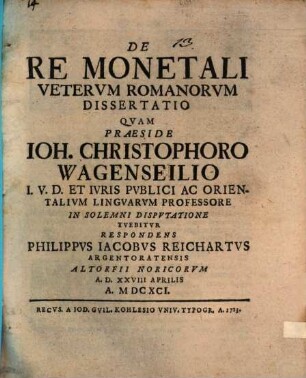 De Re Monetali Vetervm Romanorvm Dissertatio