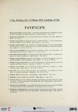 I. Tag, vormittags 10 Uhr. Fayencen (Nr. 1-171)